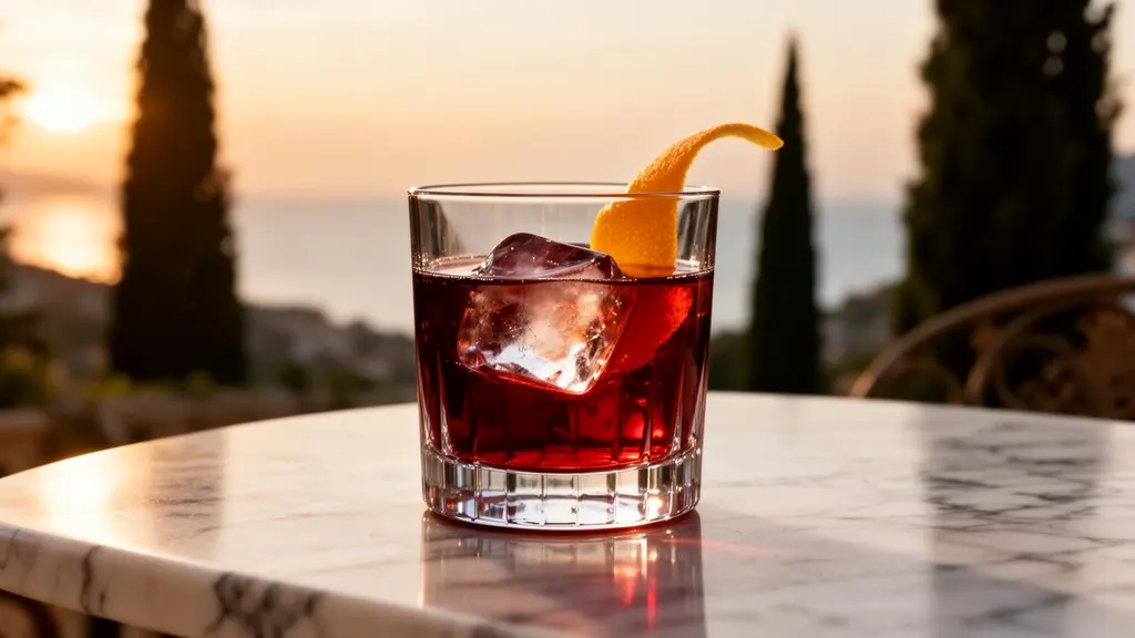 Classic Negroni cocktail in crystal glass with large ice cube on Italian Riviera terrace at sunset